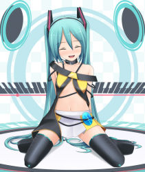 Rule 34 | 1girl, aqua hair, arms behind back, bad id, bad pixiv id, collar, colorized, cosplay, eto, closed eyes, full body, hatsune miku, headset, kneeling, lily (cosplay), lily (vocaloid), lily (vocaloid) (cosplay), long hair, navel, skirt, smile, solo, thighhighs, twintails, very long hair, vocaloid, zettai ryouiki