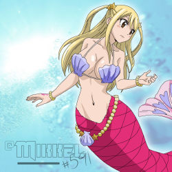Rule 34 | alternate form, bare arms, bare shoulders, blonde hair, blush, bra, bracelet, breasts, brown eyes, cleavage, closed mouth, collarbone, fairy tail, fins, fish tail, full body, green eyes, green hair, groin, hair tie, hand tattoo, hand up, jewelry, large breasts, long hair, looking down, lucy heartfilia, matching hair/eyes, mermaid, mermaid tail, mermaid transformation, monster girl, multiple girls, navel, necklace, pearl bracelet, pearl necklace, short hair, sky, space, star (sky), star (symbol), starry sky, surprised, tail, tattoo, transformation, twintails, underboob, underwear