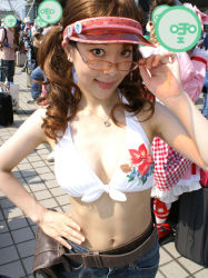 Rule 34 | 1girl, adjusting eyewear, air gear, armpits, asian, belt, belt pouch, bikini, bikini top only, breasts, brown eyes, brown hair, c70, censored, cleavage, comiket, cosplay, cosplay photo, denim, floral print, glasses, hand on own hip, jeans, jewelry, lingerie, lipstick, long hair, looking at viewer, makeup, medium breasts, navel, necklace, novelty censor, noyamano ringo, noyamano ringo (cosplay), outdoors, pants, photo (medium), pouch, print bikini, smile, solo, standing, stomach, swimsuit, twintails, underwear, visor cap, what