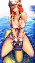 Rule 34 | 1girl, bad id, bad pixiv id, bare shoulders, bikini, blue eyes, breasts squeezed together, breasts, chikushi nitouhei, cleavage, collarbone, curvy, helmet, highres, huge breasts, long hair, looking at viewer, navel, one eye closed, orange hair, original, parted lips, red hair, sitting, smile, solo, spread legs, swimsuit, thick thighs, thighs, water, wide hips