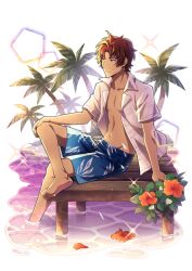 Rule 34 | 1boy, ahoge, bad source, blue eyes, blue male swimwear, blue swim trunks, bungou stray dogs, facial hair, fingernails, flower, hand on own knee, leaf print, male focus, male swimwear, navel, oda sakunosuke (bungou stray dogs), official art, open clothes, open shirt, palm tree, print male swimwear, print swim trunks, print swimsuit, red hair, short sleeves, sitting, soaking feet, soles, swim trunks, swimsuit, toes, topless male, transparent background, tree, water