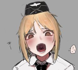 Rule 34 | 1girl, ?, akitaka takaaki, black hat, black necktie, blonde hair, brown eyes, commentary request, girls&#039; frontline, grey background, hat, highres, looking at viewer, military hat, mouth focus, mp40 (girls&#039; frontline), necktie, open mouth, portrait, shirt, short hair, simple background, solo, spoken question mark, teeth, thought bubble, tongue, uvula, white shirt
