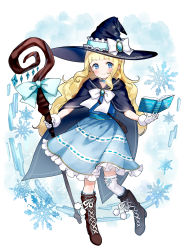 Rule 34 | 1girl, absurdres, black cloak, black hat, blonde hair, blue dress, blue eyes, blush, book, boots, bow, brooch, brown footwear, cloak, closed mouth, commentary request, cross-laced footwear, dress, full body, gloves, hat, hat bow, high heel boots, high heels, highres, holding, holding book, holding staff, jewelry, lace-up boots, long hair, open book, original, ribbon-trimmed legwear, ribbon trim, segawa luna, single thighhigh, smile, snowflakes, solo, staff, standing, standing on one leg, thighhighs, very long hair, white bow, white gloves, white thighhighs, witch, witch hat