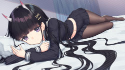 Rule 34 | 1girl, azur lane, bed, black hair, black pantyhose, black shirt, black skirt, blunt bangs, chi yei, chinese commentary, closed mouth, commentary request, hair ornament, hairclip, horns, jewelry, long hair, long sleeves, looking at viewer, lying, midriff, navel, no shoes, noshiro (azur lane), hugging object, on bed, on side, on stomach, oni horns, pantyhose, pillow, pillow hug, pov across bed, purple eyes, ring, sailor collar, school uniform, serafuku, shirt, skirt, smile, solo, stomach, straight hair, wedding band, white sailor collar, x hair ornament