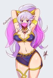 Rule 34 | 1girl, arms behind head, arms up, cleavage, commission, fire emblem, fire emblem: genealogy of the holy war, fire emblem heroes, highres, ishtar (fire emblem), jewelry, long hair, looking at viewer, necklace, nintendo, purple eyes, purple hair, raydango