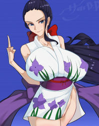 Rule 34 | 1girl, 47 hard, artist name, black hair, blue background, blue eyes, breasts, cleft of venus, collarbone, crotch, hair ornament, highres, japanese clothes, kimono, large breasts, long hair, looking at viewer, nico robin, no panties, one piece, pussy, simple background, white kimono