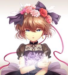 Rule 34 | 1girl, black dress, blue eyes, bow, brooch, brown hair, dress, earrings, eyebrows, feather hair ornament, feathers, floral print, flower, formal, frilled sleeves, frills, gem, glowing, haibara ai, hair between eyes, hair bow, hair flower, hair ornament, hair ribbon, jewelry, kuma ym, lace, light particles, looking at viewer, meitantei conan, parted lips, pearl (gemstone), pink ribbon, puffy short sleeves, puffy sleeves, purple bow, red lips, ribbon, see-through, short hair, short sleeves, solo, upper body, wrist cuffs