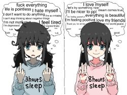 Rule 34 | aiu404l, aqua eyes, black hair, blue eyes, blush, comic, double middle finger, double v, egg (aiu404l), english text, hair flaps, messy hair, middle finger, original, profanity, simple background, sleepy, smile, speech bubble, twintails, v, victory pose, white background