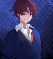 Rule 34 | 1boy, chain-link fence, collared shirt, fate/prototype, fate (series), fence, green eyes, kan&#039;yu (citron 82), looking at viewer, male focus, parted lips, perseus (fate), purple hair, shirt, smile, solo, sweater, upper body, white shirt