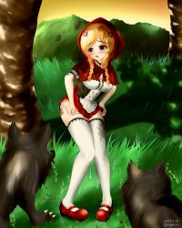 Rule 34 | 1girl, animal, bell, blonde hair, blush, braid, breasts, choker, cleavage, dress, highres, hood, little red riding hood, mary janes, napalmbit, neck bell, outdoors, panties, panty pull, pigeon-toed, red eyes, red hair, sexually suggestive, shoes, standing, tears, thighhighs, twin braids, underwear, white panties, white thighhighs, wolf