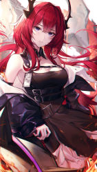 Rule 34 | 1girl, arknights, armpits, bare shoulders, belt, black dress, black jacket, breasts, chromatic aberration, chyopeuteu, cleavage, cowboy shot, detached collar, dress, fire, floating hair, highres, horns, id card, jacket, long hair, long sleeves, looking at viewer, medium breasts, multiple belts, off shoulder, open clothes, open jacket, parted lips, purple eyes, red hair, sleeveless, sleeveless dress, solo, surtr (arknights), very long hair