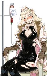 Rule 34 | 1girl, a-91 (girls frontine), aa2mee, absurdres, alcohol, blonde hair, bodysuit, breasts, chair, cleavage, cleavage cutout, clothing cutout, coat, commission, commissioner upload, dropper, drunk, girls&#039; frontline, hat, highres, mole, mole under eye, open clothes, open coat, russian text, scarf, scratches, sitting, smile, sweat, torn bodysuit, torn clothes, translated, vodka, white background