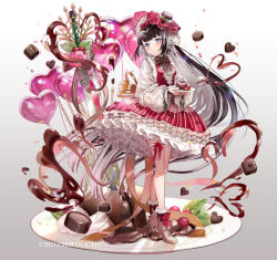 Rule 34 | 1girl, blue eyes, bonnet, brown hair, chocolate, company name, copyright notice, dress, floating hair, grey background, holding, holding plate, itamidome, leg ribbon, long hair, long sleeves, official art, oversized object, pink footwear, plate, puffy sleeves, ribbon, short dress, solo, standing, sugar conflict, thigh ribbon, very long hair
