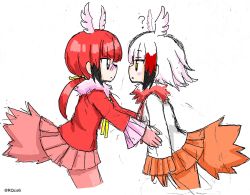Rule 34 | 10s, 2girls, ?, bird tail, bird wings, blush, fur collar, hands on another&#039;s arm, head wings, highres, imminent kiss, japanese crested ibis (kemono friends), kemono friends, long sleeves, multicolored hair, multiple girls, neck ribbon, pantyhose, pleated skirt, ribbon, scarlet ibis (kemono friends), skirt, tail, taimatsumaru (rqcs6), wings, yuri