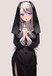 Rule 34 | 1girl, blush, breasts, chigusa minori, clenched hands, corrupted twitter file, covered navel, cross, cross necklace, flying sweatdrops, habit, highres, holding, holding cross, jewelry, large breasts, long hair, mole, mole under eye, necklace, nun, open mouth, own hands together, purple eyes, saotome shino (shino to ren), shino to ren, side slit, silver hair, simple background