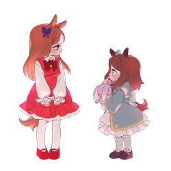 Rule 34 | 2girls, aged down, animal ears, aqua bow, aqua coat, bow, bowtie, brown hair, coat, commentary request, dress, ear bow, finger to mouth, flower, frilled coat, frilled dress, frilled sleeves, frills, ggubii0225, gold ship (umamusume), highres, holding, horse ears, horse girl, horse tail, kneehighs, long hair, long sleeves, looking down, medium hair, mejiro mcqueen (umamusume), multicolored hair, multiple girls, pinafore dress, purple bow, purple eyes, red bow, red bowtie, red eyes, red flower, shoes, simple background, sleeveless, sleeveless dress, socks, stuffed animal, stuffed rabbit, stuffed toy, tail, two-tone hair, umamusume, white background, white hair