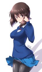 Rule 34 | 1girl, alternate costume, black necktie, black pantyhose, blue skirt, blue sweater, blush, brown eyes, brown hair, closed mouth, commentary, cowboy shot, crotch seam, dated, dress shirt, emblem, girls und panzer, hand in own hair, highres, kuzuryuu kennosuke, light frown, long sleeves, looking at viewer, miniskirt, necktie, nishizumi maho, one-hour drawing challenge, panties, panties under pantyhose, pantyhose, pantyshot, pleated skirt, school uniform, shirt, short hair, simple background, skirt, solo, st. gloriana&#039;s (emblem), st. gloriana&#039;s school uniform, standing, sweater, twitter username, underwear, v-neck, white background, white shirt, wind, wind lift, wing collar