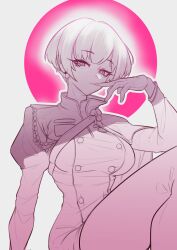 Rule 34 | + +, 1girl, gloves, goddess of victory: nikke, highres, jacket, liliweiss (nikke), looking at viewer, military uniform, monochrome, mouth hold, pink theme, removing glove, short hair, sitting, solo, star-shaped pupils, star (symbol), symbol-shaped pupils, uniform, waz zz