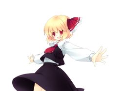 Rule 34 | 1girl, blonde hair, blouse, female focus, game cg, hair ribbon, long sleeves, open mouth, outstretched arms, red eyes, ribbon, riv (rivleaf), rumia, shirt, short hair, solo, touhou, transparent background, white shirt