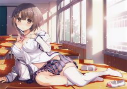 Rule 34 | 1girl, absurdres, blush, breasts, brown eyes, brown hair, cleavage, feet, hair ornament, highres, large breasts, looking at viewer, open clothes, open shirt, school uniform, shoes, unworn shoes, short hair, sitting, skirt, smile, solo, thighhighs, white thighhighs, yam-yam