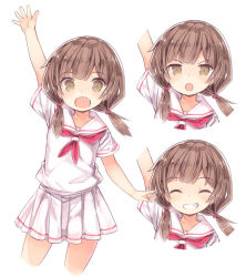 Rule 34 | 1girl, :d, ^ ^, arm up, blush, brown eyes, brown hair, closed eyes, cropped legs, cropped torso, facing viewer, fang, grin, hair over shoulder, kurasuke, long hair, looking at viewer, low twintails, multiple views, neckerchief, open mouth, original, pleated skirt, red neckerchief, sailor collar, school uniform, serafuku, shirt, short sleeves, simple background, skirt, smile, twintails, v-shaped eyebrows, white background, white sailor collar, white serafuku, white shirt, white skirt