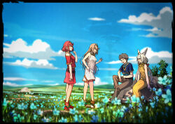Rule 34 | 1boy, 3girls, absurdres, blue sky, blurry, blurry foreground, chest jewel, field, flower, grass, grey hair, happy, highres, husband and wives, low twintails, mountainous horizon, multiple girls, mythra (xenoblade), nia (blade) (xenoblade), nia (xenoblade), official alternate costume, outdoors, poteto (potetosarada123), pyra (xenoblade), rex (xenoblade), rock, sitting, sky, smile, spoilers, tiara, twintails, xenoblade chronicles (series), xenoblade chronicles 2, xenoblade chronicles 3