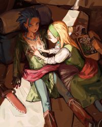 Rule 34 | 1boy, 1girl, basket, blonde hair, blood, blue eyes, blue hair, blue pants, boots, camus (dq11), dagger, dragon quest, dragon quest xi, dress, earrings, closed eyes, green dress, hairband, hands on another&#039;s chest, healing, highres, jewelry, knife, long hair, looking down, necklace, pants, sash, senya (dq11), sheath, sheathed, spiked hair, towel, tunic, washbowl, weapon