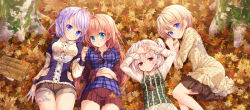 Rule 34 | 4girls, arms up, autumn leaves, basket, blonde hair, blue eyes, blush, braid, brown hair, colette (komorebi no kuni), colette ehl, cover image, dress, floral print, hair ornament, highres, jewelry, katina (komorebi no kuni), komorebi no kuni, leaf, long hair, long image, looking at viewer, looking up, lulu (komorebi no kuni), lying, maple leaf, moss, multiple girls, official art, on back, open mouth, original, outdoors, pendant, plaid, plaid shirt, purple hair, red eyes, remm (komorebi no kuni), remm winslet, shirt, short hair, shorts, silver hair, skirt, smile, tokunou shoutarou, tree, tree shade, wide image