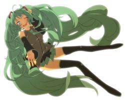 Rule 34 | 1girl, bad id, bad pixiv id, boots, detached sleeves, green eyes, green hair, hanayama321, hatsune miku, headset, long hair, matching hair/eyes, necktie, one eye closed, simple background, skirt, solo, thigh boots, thighhighs, twintails, very long hair, vocaloid, white background, wink