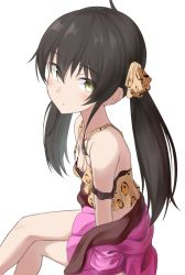 Rule 34 | 1girl, absurdres, animal print, artist request, bare shoulders, black hair, commentary request, crossed legs, heart, heart necklace, highres, idolmaster, idolmaster cinderella girls, jacket, leopard print, long hair, looking at viewer, matoba risa, necklace, off shoulder, pink jacket, print camisole, print ribbon, ribbon, sitting, solo, twintails, white background, yellow eyes