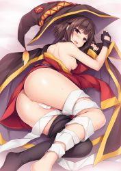 Rule 34 | anus, ass, bandaged leg, bandages, bare shoulders, barefoot, black gloves, black hair, black thighhighs, blush, breasts, cape, censored, choker, fingerless gloves, gloves, has uncensored version, hat, heart, heart censor, highres, kokutou (kazuakifca), kono subarashii sekai ni shukufuku wo!, looking at viewer, lying, megumin, nipples, on side, open mouth, red eyes, short hair, small breasts, solo, sweat, thighhighs, thighhighs pull, witch hat