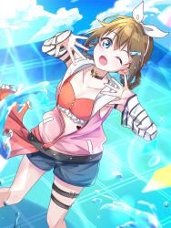 1girl bandeau blue_eyes blue_shorts bow bow_hairband braid braided_hair_rings breasts brown_hair cleavage collarbone commentary_request feet_out_of_frame frilled_bandeau hair_between_eyes hair_rings hairband highres jacket looking_at_viewer love_live! love_live!_nijigasaki_high_school_idol_club love_live!_nijigasaki_high_school_idol_club_the_movie_-_finale medium_breasts official_alternate_costume open_clothes open_jacket open_mouth osaka_shizuku outdoors pussy_juice red_bandeau rise_up_high!_(love_live!) sakari_(pear_8_ll) short_shorts shorts sidelocks sleeveless sleeveless_jacket solo standing white_bow white_hairband