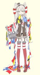 Rule 34 | 1girl, amatsukaze (kancolle), black panties, brown dress, dress, flag, garter straps, gloves, grey hair, hair between eyes, hair tubes, holding, holding flag, kantai collection, long hair, long sleeves, mokeo, mouth hold, panties, red thighhighs, rensouhou-kun, sailor collar, sailor dress, simple background, single glove, solo, standing, striped clothes, striped thighhighs, thighhighs, two-tone background, two side up, underwear, very long hair, white gloves, white sailor collar, yellow eyes