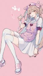 Rule 34 | 1girl, apron, bandages, blush, closed mouth, commentary request, dated, feet out of frame, hair ornament, hat, heart, highres, light brown hair, long hair, looking at viewer, mimelond, mouth hold, natori sana, natori sana (artist), nurse cap, pink apron, pink background, pink hat, puffy short sleeves, puffy sleeves, rabbit hair ornament, red eyes, sana channel, short sleeves, signature, simple background, sitting, smile, solo, syringe, thighhighs, two side up, virtual youtuber, zettai ryouiki