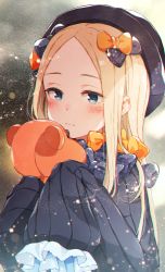 Rule 34 | 1girl, abigail williams (fate), blonde hair, blue eyes, blush stickers, bow, commentary request, fate/grand order, fate (series), frilled sleeves, frills, gomennasai, hair bow, hat, highres, long hair, looking at viewer, multiple hair bows, parted bangs, sidelocks, sleeves past wrists, smile, solo, stuffed animal, stuffed toy, teddy bear, upper body