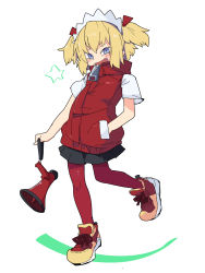Rule 34 | 1girl, blonde hair, blue eyes, blush, cookie (touhou), full body, hand in pocket, highres, holding, holding megaphone, jacket, looking at viewer, megaphone, open mouth, pantyhose, red footwear, red jacket, red pantyhose, shiriri saikyo, shirt, shoes, short hair, short sleeves, simple background, sleeveless, sleeveless jacket, smile, sneakers, solo, star (symbol), sunny milk, tomatojam, touhou, two-tone footwear, two side up, white background, white shirt, yellow footwear, zipper