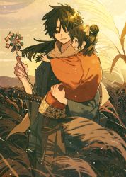 Rule 34 | 1boy, 1girl, age difference, asa no ha (pattern), black hair, child, cloud, cloudy sky, grass, highres, holding person, keishin, long hair, long sleeves, original, outdoors, parted lips, profile, sky, smile, wide sleeves