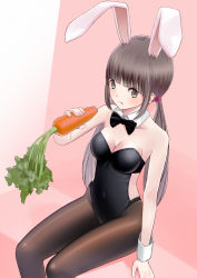 Rule 34 | 1girl, animal ears, bad id, bad pixiv id, bare shoulders, black hair, bow, bowtie, breasts, brown eyes, carrot, chikuwa (glossymmmk), chikuwa (odennabe), cleavage, covered navel, detached collar, eating, fake animal ears, long hair, looking at viewer, original, pantyhose, playboy bunny, rabbit ears, sitting, solo, twintails, wrist cuffs