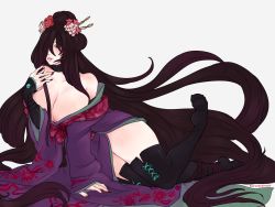 Rule 34 | 1girl, absurdly long hair, bare shoulders, black eyes, black hair, blush, breasts, choker, cleavage, cross-laced clothes, cross-laced legwear, feet up, floral print, flower, gyarusatan, hair flower, hair ornament, hair over one eye, hairpin, japanese clothes, kejourou (monster girl encyclopedia), kimono, large breasts, long hair, looking at viewer, lying, monster girl encyclopedia, monster girl encyclopedia ii, nail polish, off shoulder, on side, plantar flexion, red eyes, seductive smile, simple background, sleeves past wrists, smile, solo, thighhighs, third-party source, very long hair