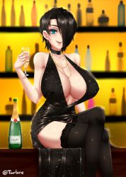 Rule 34 | 1girl, alcohol, aqua eyes, bare shoulders, black choker, black dress, black hair, black thighhighs, blush, bottle, breasts, choker, collarbone, commentary request, covered erect nipples, crossed legs, cup, dress, drinking glass, earrings, evening gown, hair over one eye, huge breasts, indoors, jewelry, looking at viewer, necklace, no bra, original, parted lips, saya (twrlare), shiny skin, short hair, sitting, smile, solo, thighhighs, twitter username, twrlare, wine, wine glass