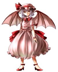 Rule 34 | 1girl, arms at sides, bad id, bad pixiv id, bat wings, belt, bow, bubble skirt, closed mouth, expressionless, frilled shirt collar, frills, full body, hat, hat ribbon, high heels, highres, jacket, long skirt, looking at viewer, mob cap, pink jacket, pink skirt, puffy short sleeves, puffy sleeves, red bow, red eyes, red footwear, red ribbon, remilia scarlet, ribbon, sasa kichi, shoes, short sleeves, silver hair, simple background, skirt, solo, tareme, touhou, vampire, white background, wings