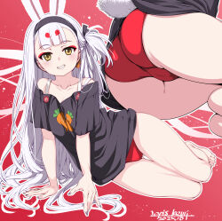 1girl absurdres animal_ears arm_support ass azur_lane barefoot black_shirt brown_eyes cameltoe carrot_print feet food_print gluteal_fold grin hairband highres long_hair looking_at_viewer multiple_views no_pants one_side_up panties print_shirt rabbit_ears rabbit_girl rabbit_tail red_panties shimakaze_(azur_lane) shirt short_sleeves smile tail thigh_gap thighs toes umyonge_(lkakeu) underwear very_long_hair white_hair