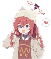Rule 34 | 1girl, beanie, blanchat, blue archive, blue eyes, blush, hair between eyes, hair ornament, halo, hat, heart, long hair, looking at viewer, maki (blue archive), maki (camp) (blue archive), official alternate costume, portrait, red hair, solo, spoken heart, white background, winter clothes