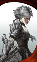 Rule 34 | 1girl, absurdres, androgynous, armor, breastplate, brown eyes, closed mouth, gauntlets, gradient background, greaves, grey hair, grey theme, highres, holding, holding weapon, intemind, muscular, muscular female, original, pauldrons, pink lips, severed hair, short hair, shoulder armor, smile, solo, turtleneck, weapon