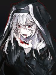 Rule 34 | 1girl, arknights, black background, black capelet, black dress, black headwear, blood, blood from mouth, blood on hands, capelet, cheonyeon-hi, commentary, dress, fang, habit, highres, long hair, looking at viewer, nun, open mouth, outline, red eyes, red hair, red outline, silver hair, skin fang, solo, specter (arknights), upper body