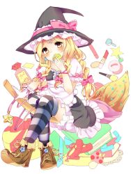 Rule 34 | 1girl, apron, bad id, bad twitter id, blonde hair, bloomers, blush, book, bow, bracelet, braid, broom, broom riding, brown footwear, commentary request, earrings, full body, gift, gloves, hair bow, hair ornament, hat, hat bow, highres, holding, jewelry, karasusou nano, kirisame marisa, lipstick, long hair, looking at viewer, makeup, mushroom, nail polish, open mouth, pink bow, shoes, short sleeves, side braid, simple background, single glove, sitting, solo, star (symbol), star earrings, star hair ornament, striped clothes, striped thighhighs, thighhighs, touhou, twin braids, underwear, waist apron, white apron, white background, white gloves, witch hat, yellow eyes