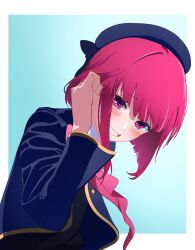 Rule 34 | 1girl, arima kana, blue background, blue headwear, bob cut, chika (user eymr7558), hand in own hair, happy, hat, hat ribbon, highres, inverted bob, looking at viewer, open mouth, oshi no ko, pink ribbon, red eyes, red hair, ribbon, school uniform, short hair, simple background, smile, teeth, youtou high school uniform