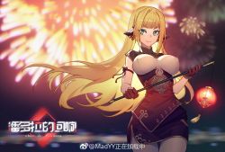Rule 34 | 1girl, arm ribbon, blonde hair, blurry, blurry background, breasts, china dress, chinese clothes, copyright request, cowboy shot, depth of field, dress, covered erect nipples, fireworks, gloves, green eyes, hair ornament, highres, large breasts, long hair, looking away, madyy, night, outdoors, red gloves, ribbon, short dress, sidelocks, smile, solo, very long hair, weibo watermark
