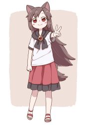 Rule 34 | aged down, animal ears, blush stickers, brown hair, child, clenched hand, full body, imaizumi kagerou, looking at viewer, no socks, poronegi, red eyes, red skirt, sandals, shirt, skirt, smile, solo, standing, tail, touhou, v, white shirt, wolf ears, wolf tail