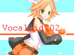 Rule 34 | 1girl, :o, belt, blonde hair, bow, detached sleeves, food, fruit, green eyes, hair ornament, hairclip, headphones, headset, holding, holding food, holding fruit, kagamine rin, open mouth, orange (fruit), shirt, short hair, shorts, sleeveless, sleeveless shirt, solo, vocaloid